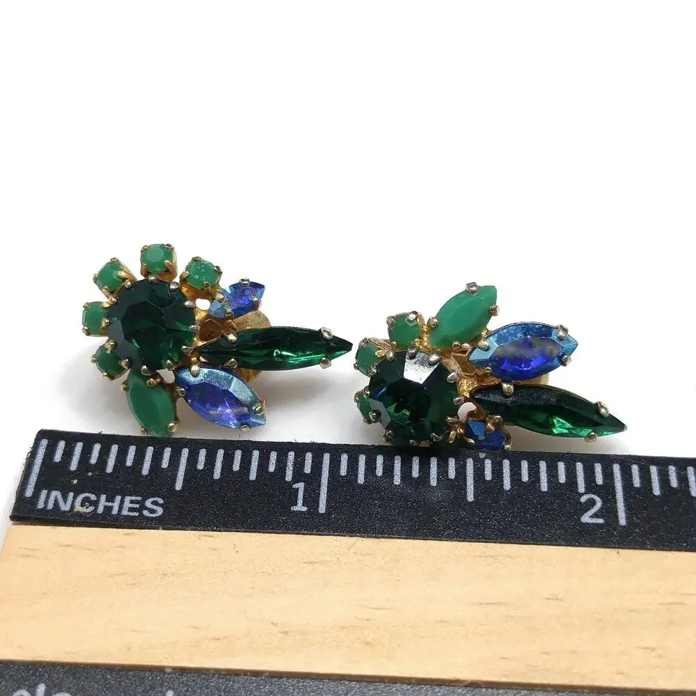 Sherman Green & Blue Rhinestone Earrings, Gold Plated, 1960s Vintage Jewelry